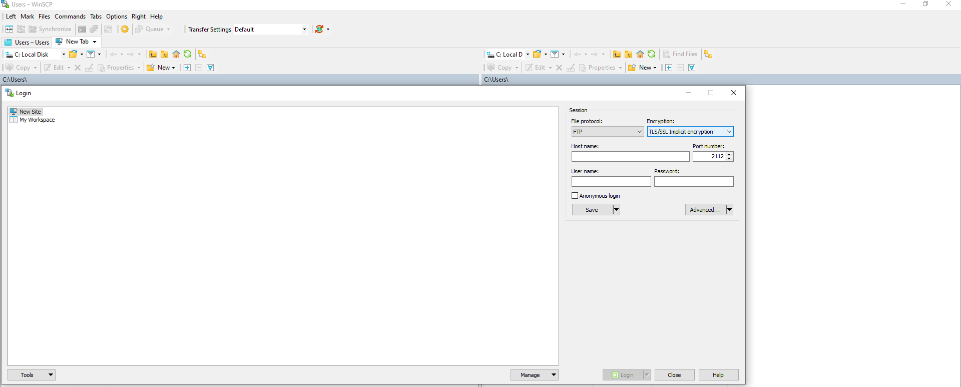 connect to disk using winscp ftps access