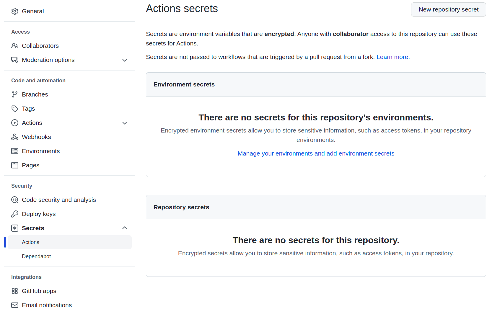 github actions secret settings